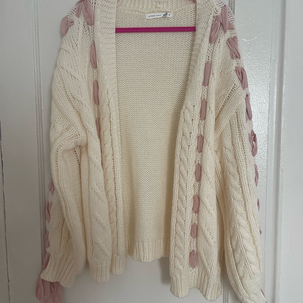 Altar'd State Cream and Pink Ribbon Cable-Knit Cardigan